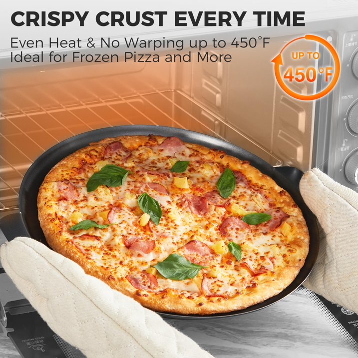 HONGBAKE 2 Pack Pizza Pan 14 Inch with Holes, Nonstick Pizza Pan for Oven, 0.8mm Carbon Steel Perforated Pizza Tray with Wider Handles, Round Baking Sheet for Frozen & Homemade Pizza, Grey