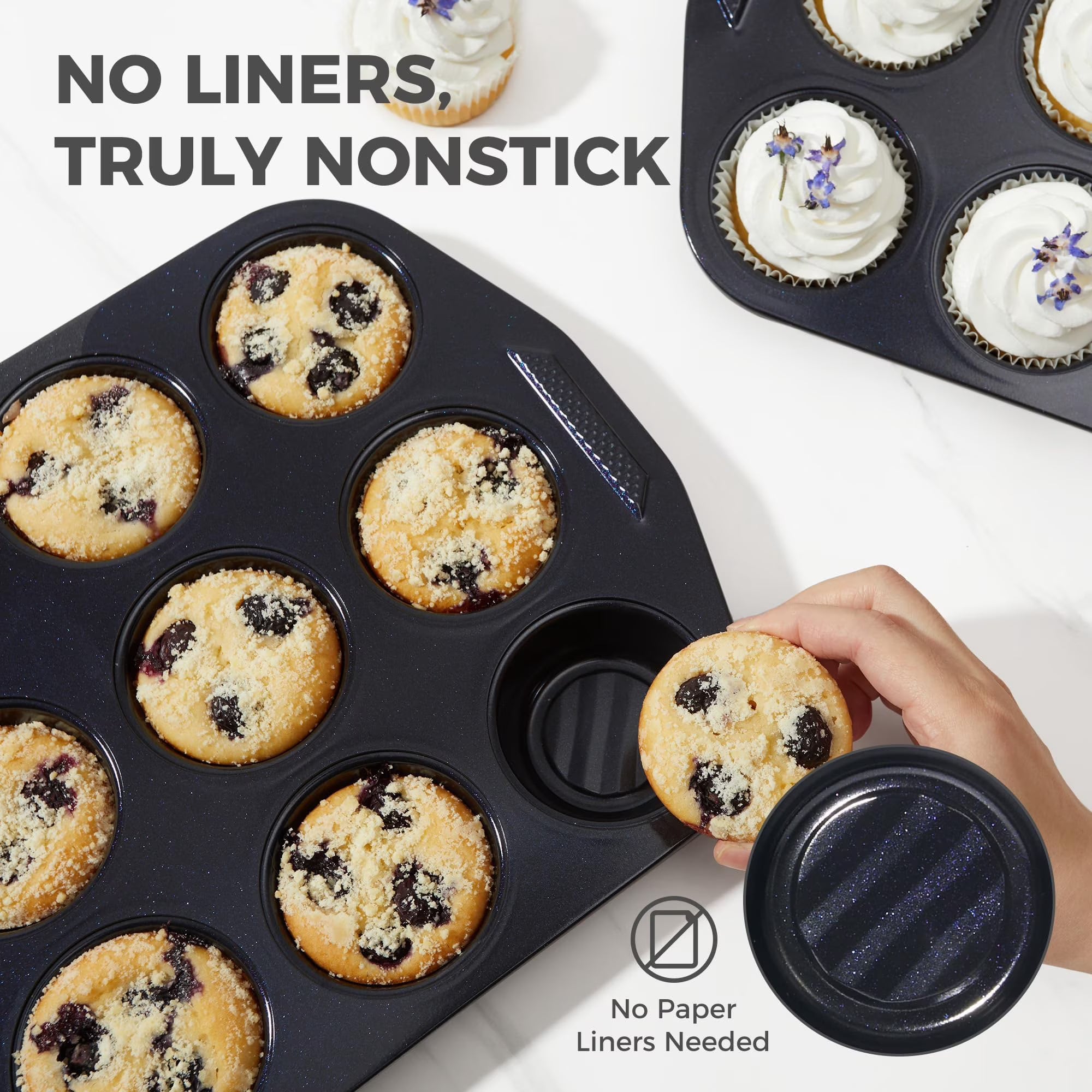 HONGBAKE 9-Piece Non Stick Bakeware Sets with Wave Texture for Reduced Grease, 0.8mm Thick Non Toxic Baking Pans Set, Includes Stackable Cookie Sheets for Oven Cooking, Shimmer Blue