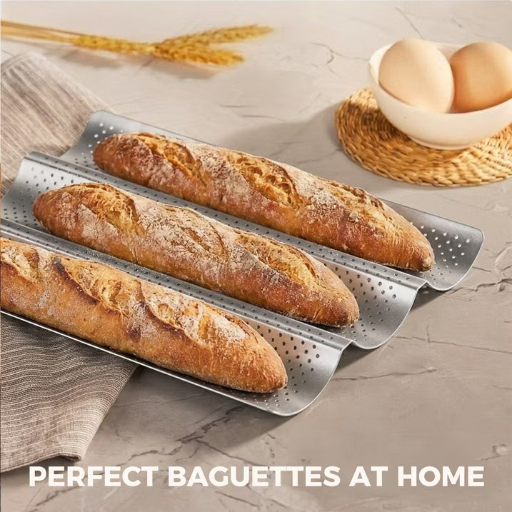 KITESSENSU Nonstick Baguette Pans for French Bread Baking, Perforated 3 Loaves Baguettes Bakery Tray, 15" x 9", Silver