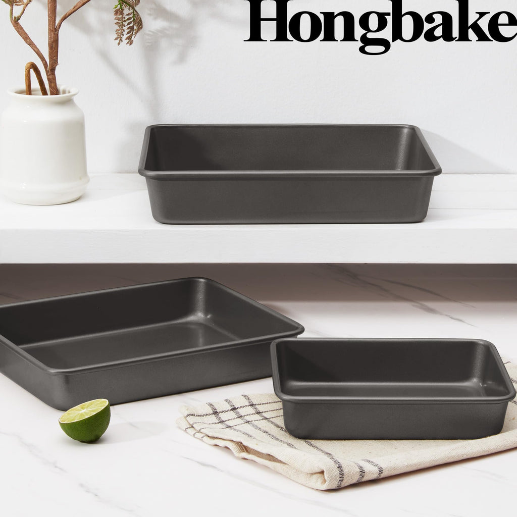 HONGBAKE Deep Baking Pans Set of 3, Nonstick Rectangle Sheet Cake Pans, 13/11/9 Inch Metal Oven Tray for Cooking Lasagna Brownie, Stackable Multi-Depth Bakeware, Black