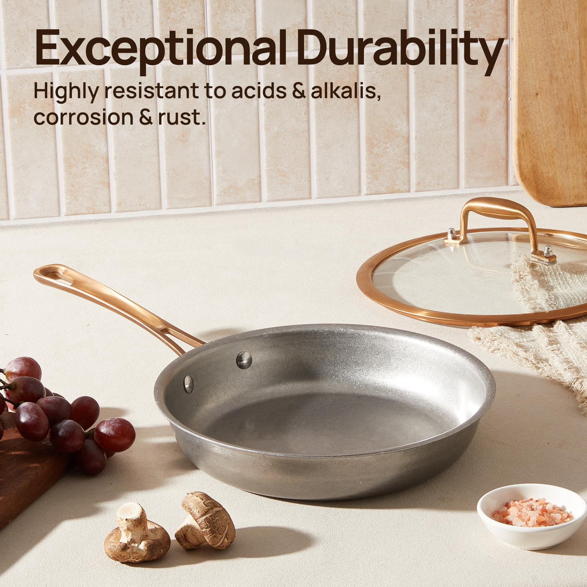 KITEXPERT Tri-Ply Stainless Steel Frying Pans Set, 8"/9.5"/11" Vintage Cooking Pans with Lids, Non-Toxic Induction Cookware, Dishwasher & Oven Safe, All Cooktops Compatible