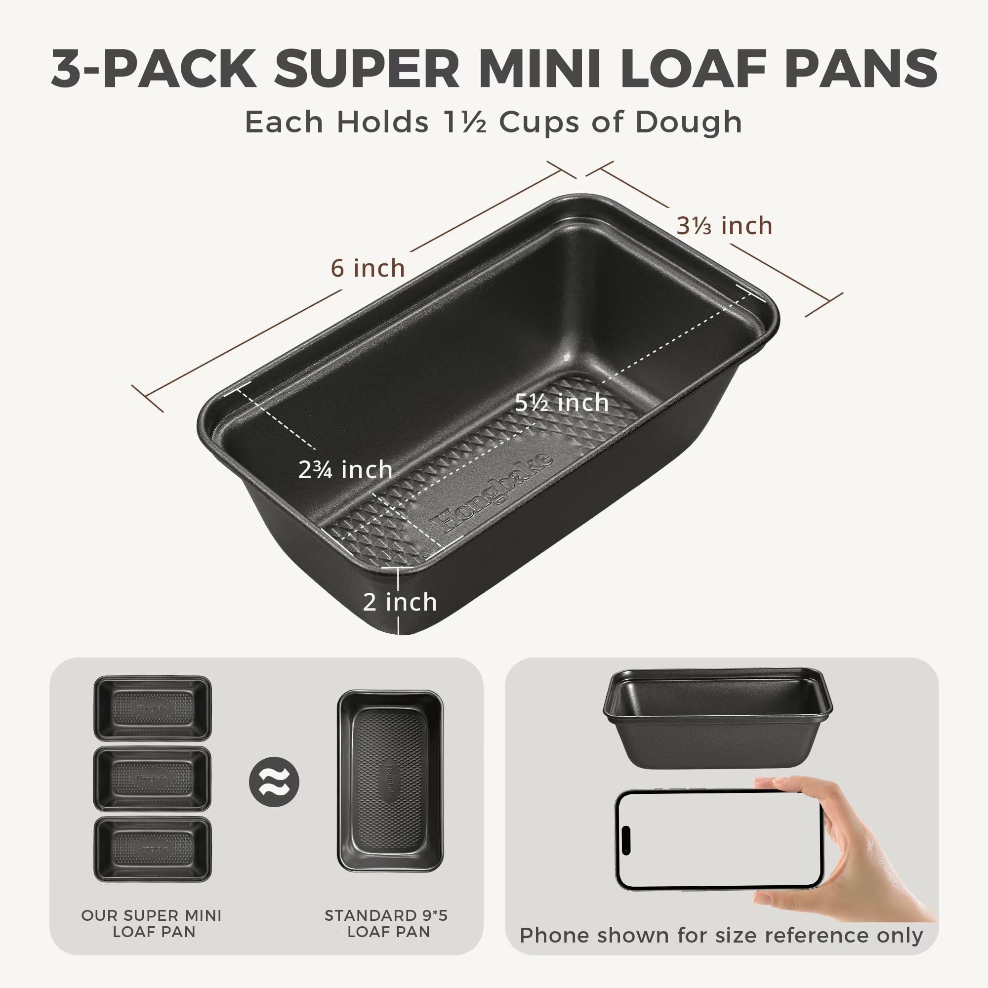 HONGBAKE 3 Pack Nonstick Mini Loaf Pans, 6 x 3.3 x 2 Inch Small Bread Pans for Homemade Bread, Banana Small Baking Pans with Diamond Texture, Non-toxic Mini Meatloaf Pans Set, Dark Gray