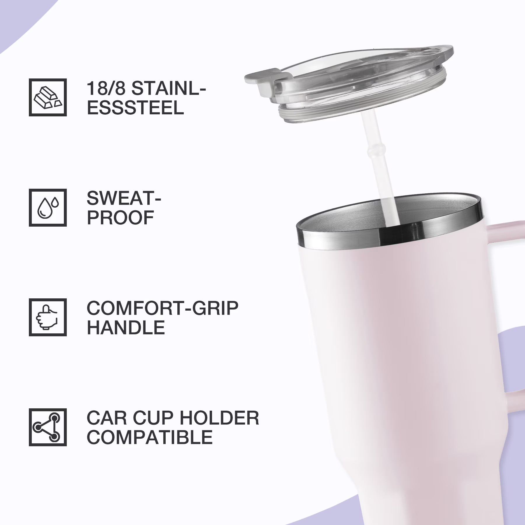 HONGBAKE 40oz Stainless Steel Tumbler with Handle & Straw Lid, Vacuum Insulated Tumbler, Light Pink
