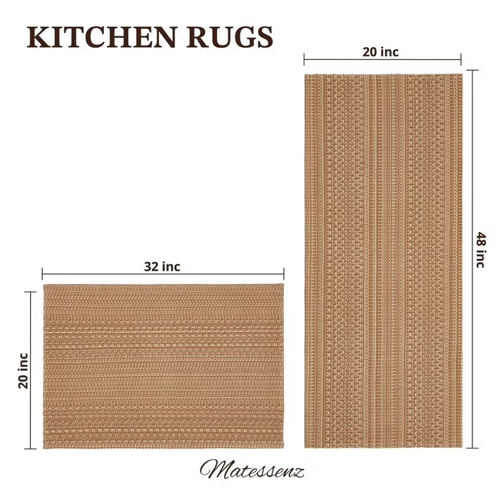 MatEssenz Kitchen Rug Set 2 Piece, Boho Washable Kitchen Mats for in Front of Sink, Non-Slip Woven Kitchen Runner Set 20x30 and 20x48, Vintage Geometric, Light Taupe Brown