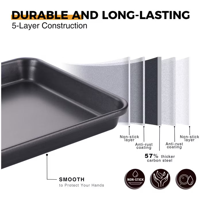 HONGBAKE 2 Pack 9.7"X7.6" Small Cookie Sheet, 57% Thicker Nonstick 1/8 Toaster Oven Pans, Heavy Duty Cookie Sheet Pan Set, Baking Sheet, Black