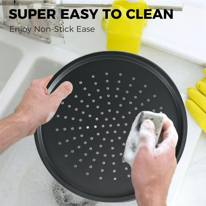 HONGBAKE 14 Inch Pizza Pan for Baking, 2 Pack Non-Stick Non-Stick Pizza Tray for Oven, Carbon Steel Perforated Crispy Pizza pan with Holes, Round Baking Pan for Frozen & Homemade Pizza, Grey