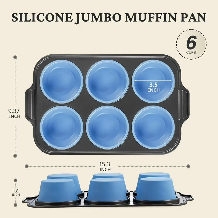 HONGBAKE Silicone Muffin Pan with Metal Frame, Jumbo 3.5 Inch Muffin Tin for Cupcakes, Egg Bites & Muffins, Nonstick, Blue