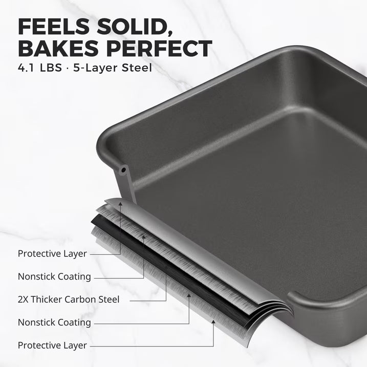 HONGBAKE Deep Baking Pans Set of 3, Nonstick Rectangle Sheet Cake Pans, 13/11/9 Inch Metal Oven Tray for Cooking Lasagna Brownie, Stackable Multi-Depth Bakeware, Black