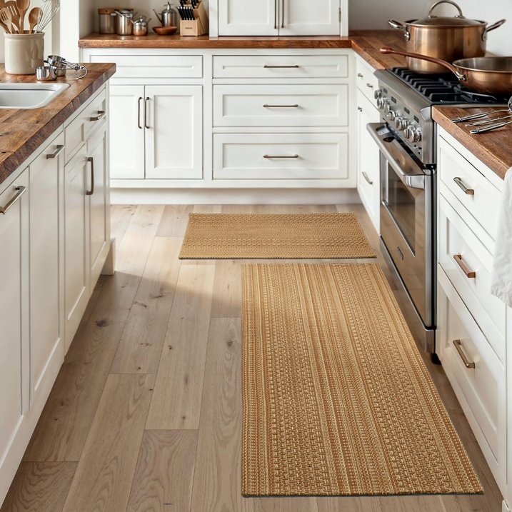 MatEssenz Kitchen Rug Set 2 Piece, Boho Washable Kitchen Mats for in Front of Sink, Non-Slip Woven Kitchen Runner Set 20x30 and 20x48, Vintage Geometric, Light Taupe Brown