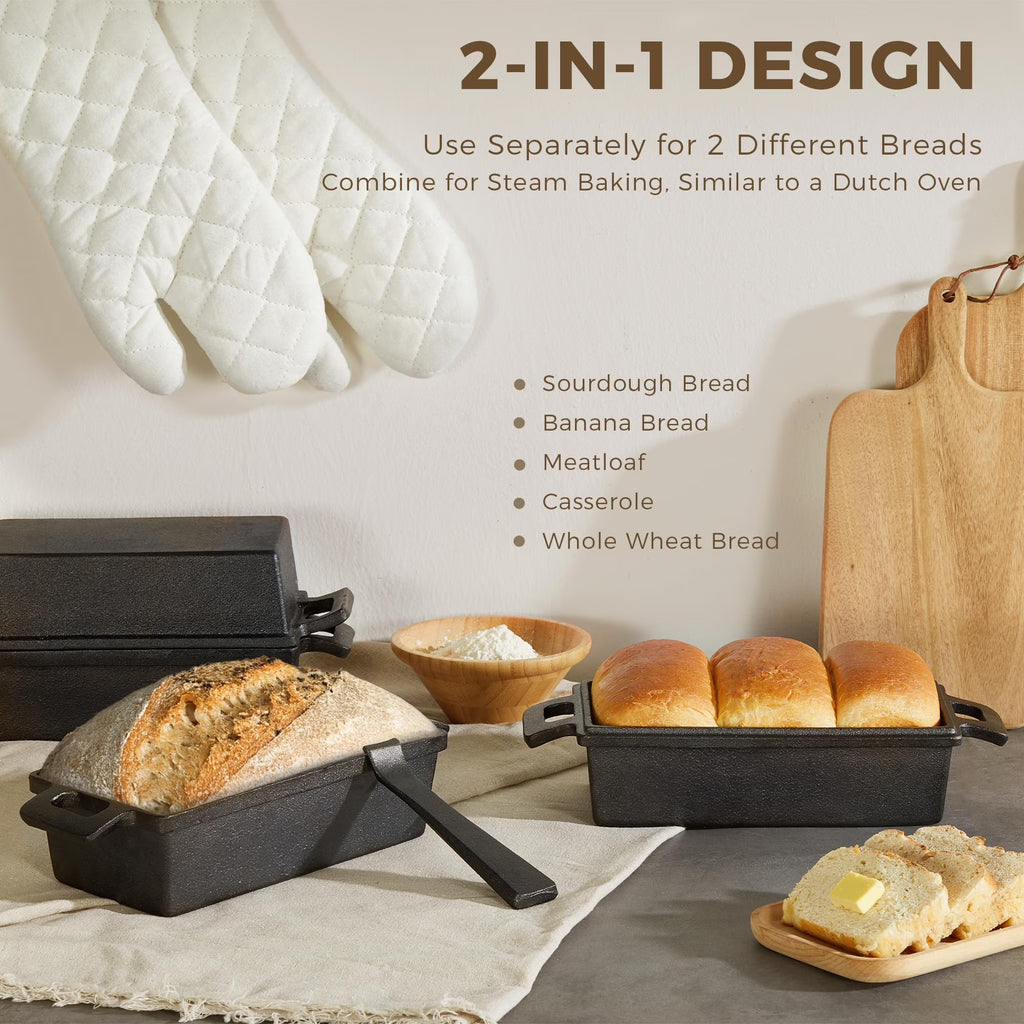 HONGBAKE 2 in 1 Cast Iron Bread Pan with oven mitts, Lid, Lid Lever, 9x5 Loaf Pans for Homemade Bread, Sourdough Baking Pan, Pre-Seasoned Nonstick Rectangular Dutch Oven, Banana Bread Tins, Black