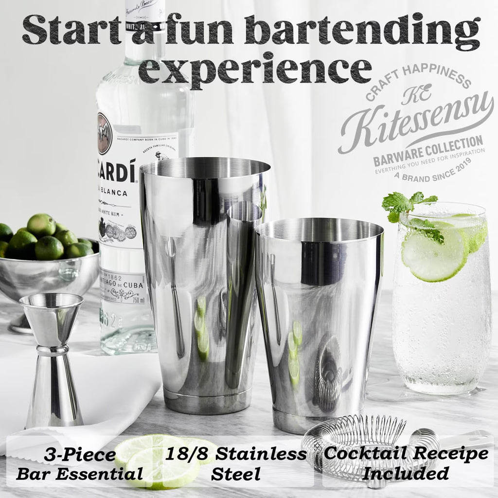 KITESSENSU Boston Cocktail Shaker Set, 4-Piece Martini Shaker, Boston Shaker with 18oz & 28oz Mixed Drink Shaker, Hawthorne Strainer, Double Measuring Jigger, Cocktail Recipe Cards Included