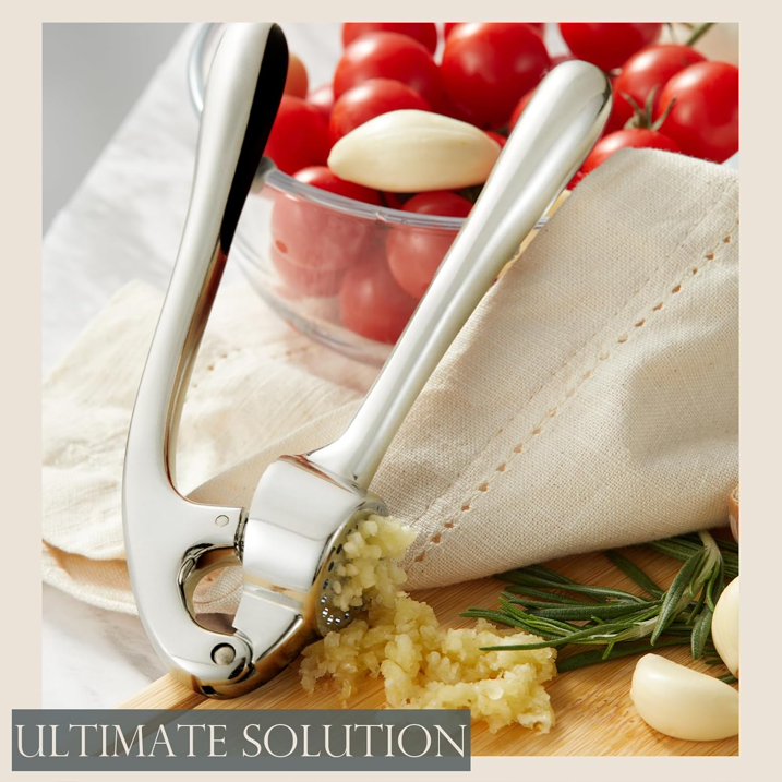 Premium Garlic Press, Garlic Mincer Set of 3 with Silicone Roller Peeler & Cleaning Brush - Imperial Silver