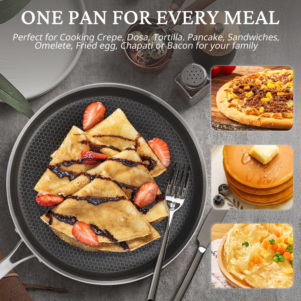 KITEXPERT 12 Inch Stainless Steel Frying Pan Nonstick Crepe Pan , Honeycomb Coating Flat Skillet, Tawa Dosa Tortilla Pan ,Omelet Pan with All Stove Tops Available