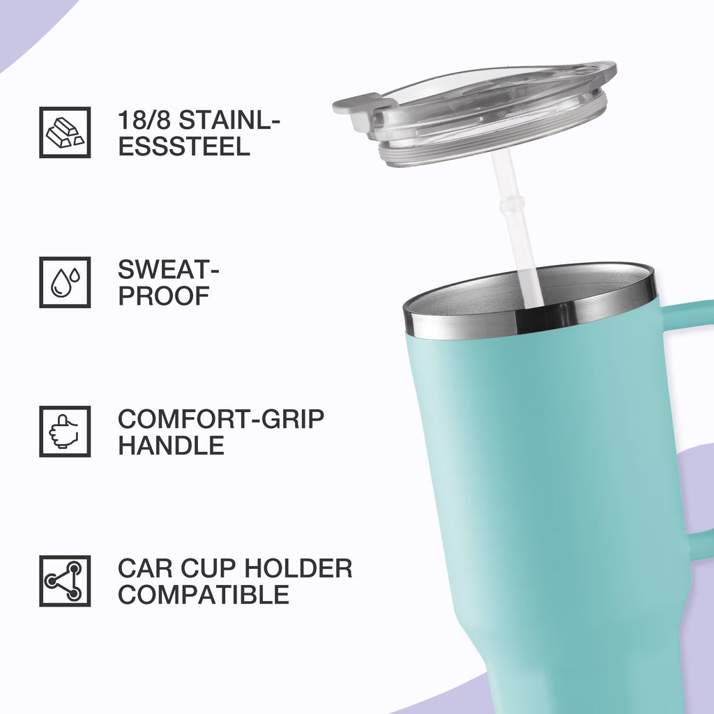 HONGBAKE 40oz Stainless Steel Tumbler with Handle & Straw Lid, Vacuum Insulated Tumbler, Mint Green