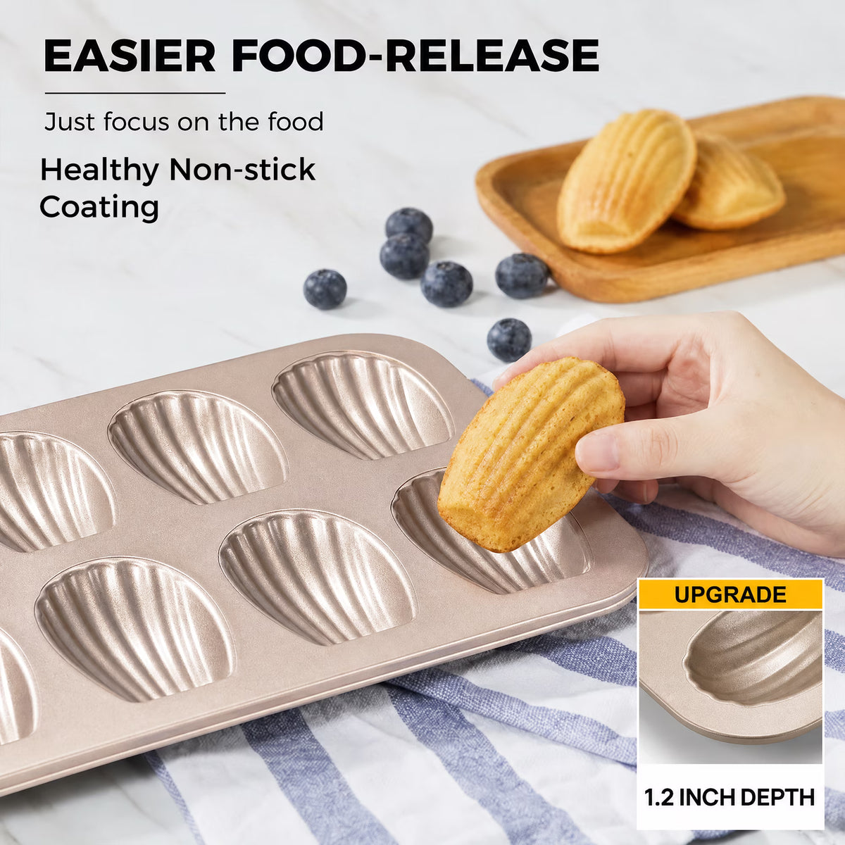 HONGBAKE Nonstick Madeleine Pan for Baking, 2 Pack 12-Cavity Shell Shape Madeleine Cooking Pan, Heavy Duty Carbon Steel Madeleine Mold, Champagne Gold
