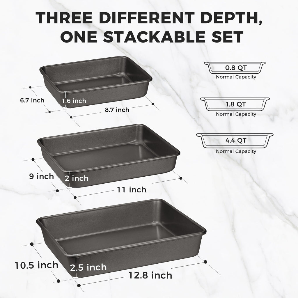 HONGBAKE Deep Baking Pans Set of 3, Nonstick Rectangle Sheet Cake Pans, 13/11/9 Inch Metal Oven Tray for Cooking Lasagna Brownie, Stackable Multi-Depth Bakeware, Black