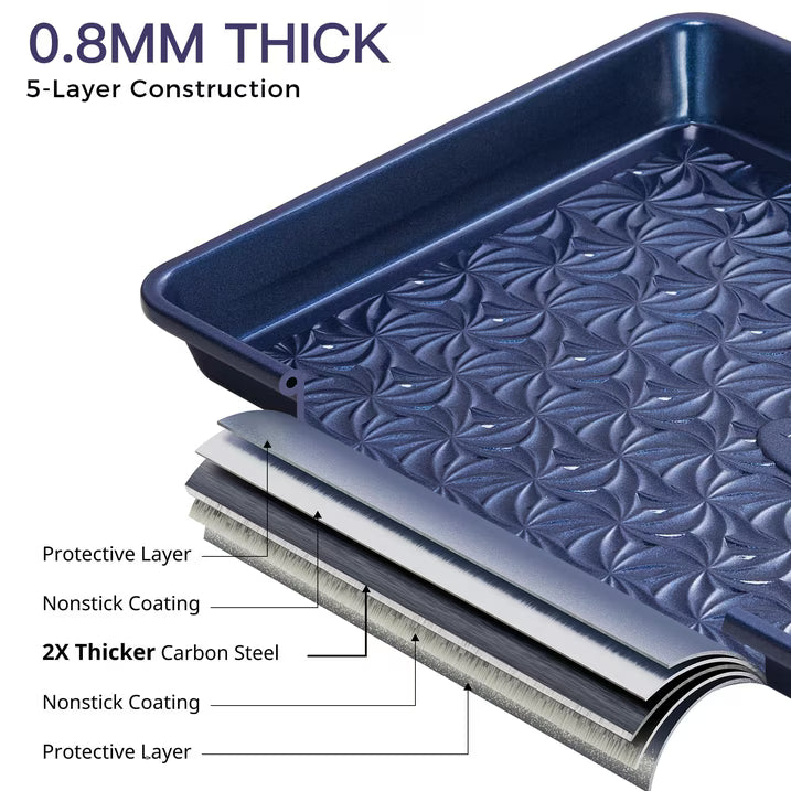 HONGBAKE Nonstick Baking Sheet Pan Set of 3, Cookie Sheets for Oven, Non-Toxic Half/Quarter/Jelly Roll Pans with Floral Swirl Texture, Heavy Duty 0.8mm Thick Oven Trays for Cooking, Blue