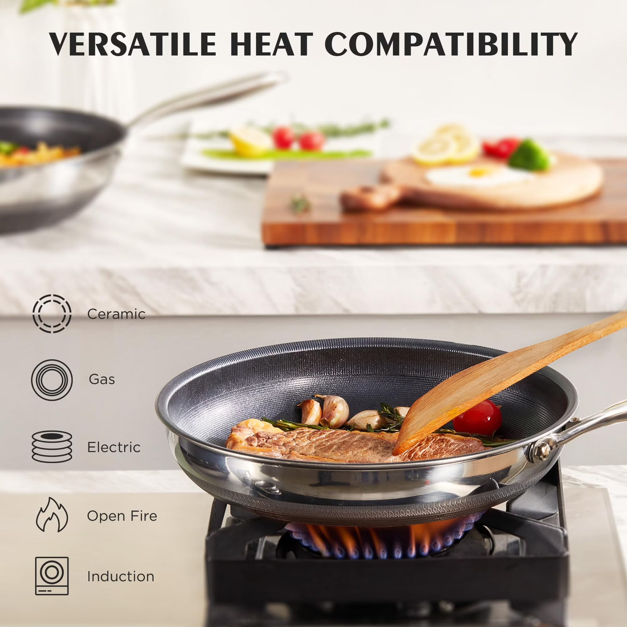 KITEXPERT Non Stick Frying Pans with Lid, 10" Titanium Ceramic Pan Nonstick Stainless Steel Skillet, Quick-Cool Handle, Dishwasher & Oven Safe, Compatible with All Cooktops