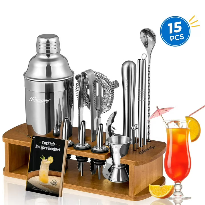Cocktail Shaker Set Bartender Kit, 15Pcs Stainless Steel Drink Mixer Set, Bar Set with Bar Accessory Tools: Martini Shaker, Jigger, Strainer, Mixer Spoon, Muddler, Liquor Pourers-Silver