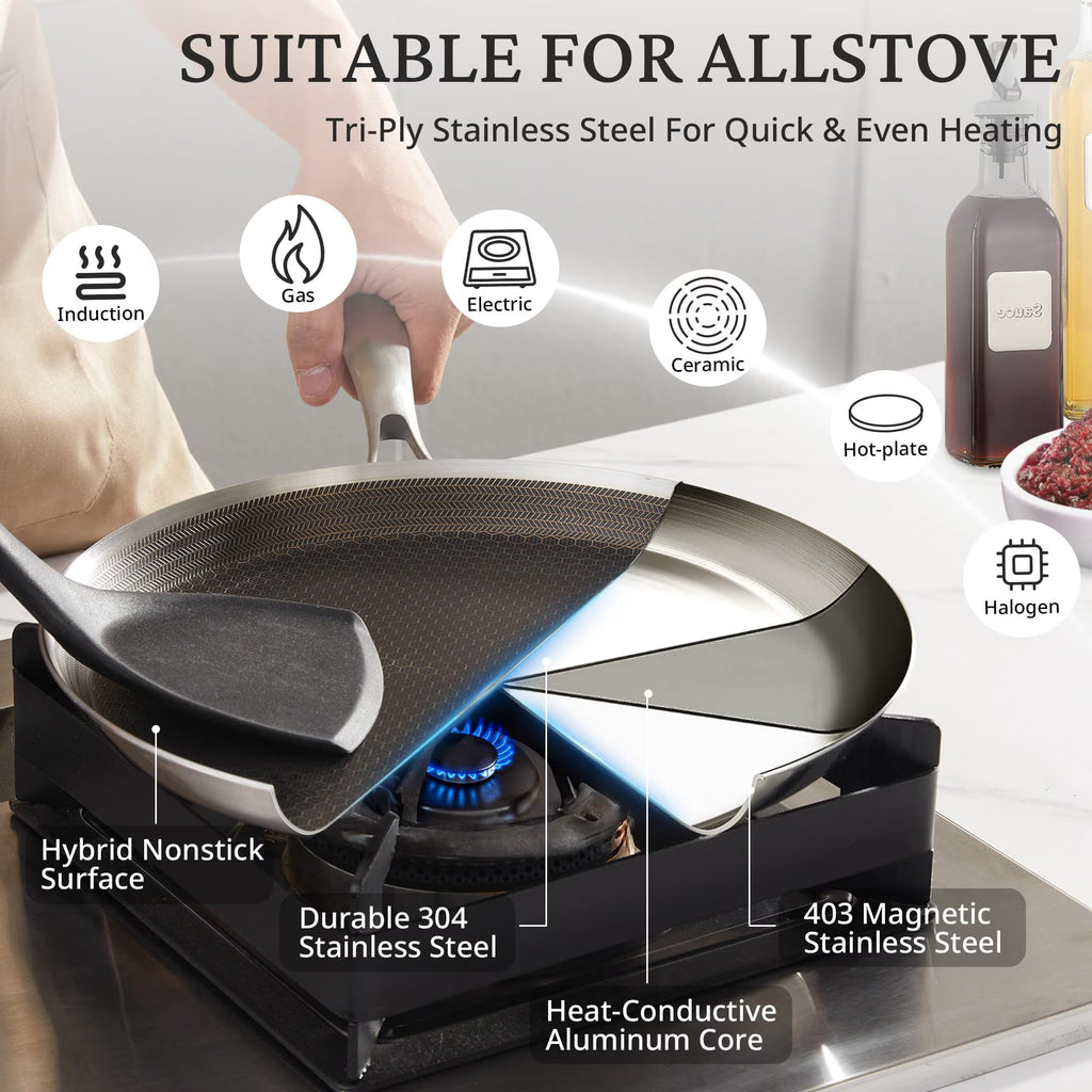 KITEXPERT 12 Inch Stainless Steel Frying Pan Nonstick Crepe Pan , Honeycomb Coating Flat Skillet, Tawa Dosa Tortilla Pan ,Omelet Pan with All Stove Tops Available