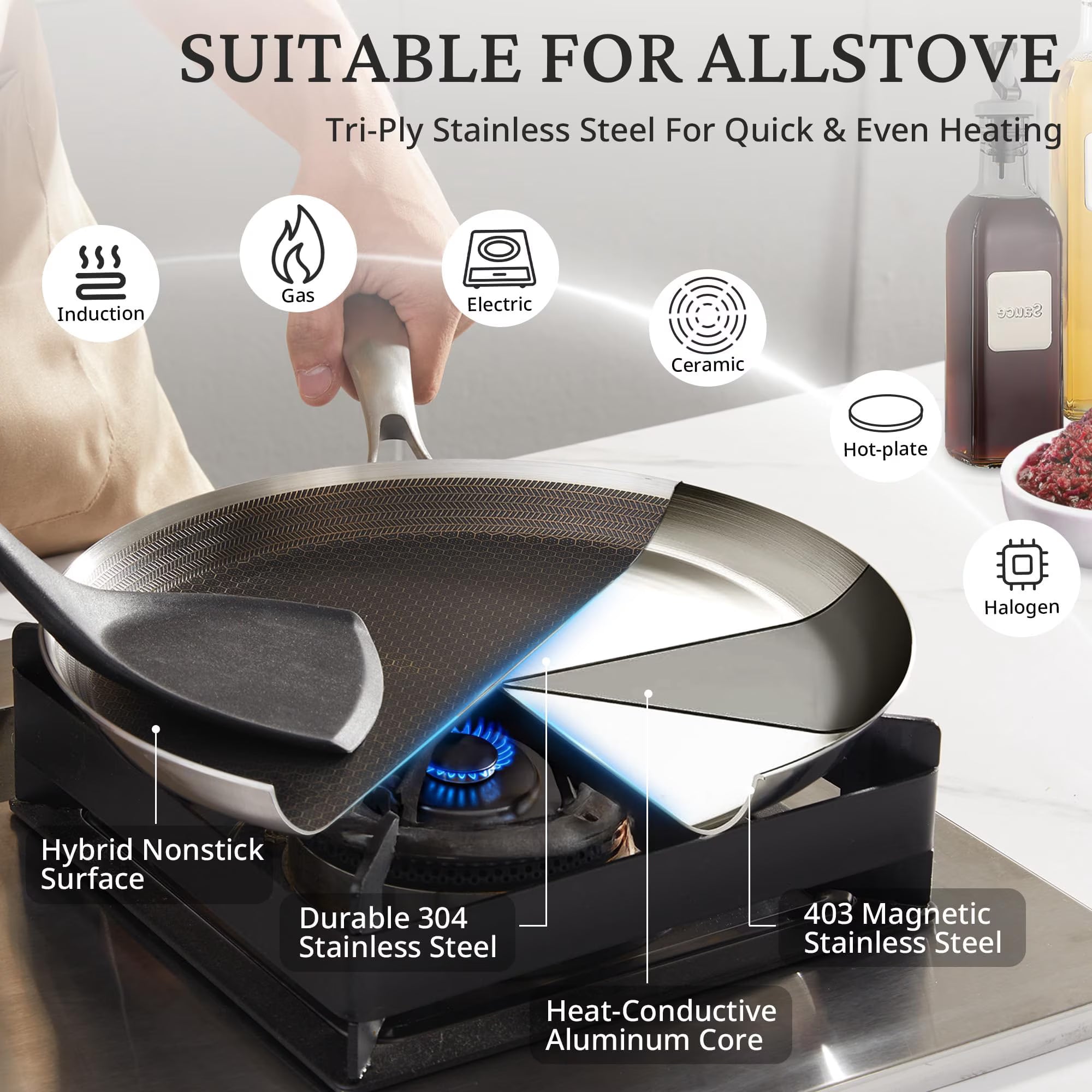 KITEXPERT 12 Inch Stainless Steel Frying Pan Nonstick Crepe Pan , Honeycomb Coating Flat Skillet, Tawa Dosa Tortilla Pan ,Omelet Pan with All Stove Tops Available
