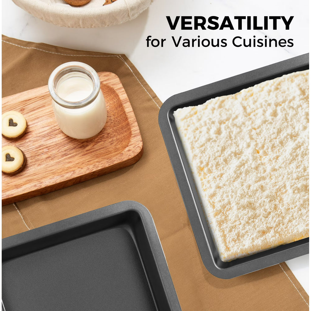 HONGBAKE 8x8 Baking Pan Set, Nonstick Square Baking Pan Set, 2 Piece Brownie Pan and Square Cake Pan for Baking, Heavy Duty Carbon Steel, Grey