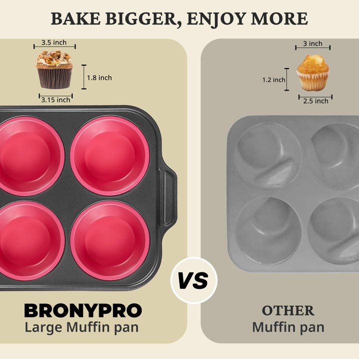 HONGBAKE Jumbo Silicone Muffin Pan with Metal Frame, 3.5" Large Muffin Tins, Non-Toxic Food Grade Silicone, Non-Stick for Egg Bites & Big Cupcakes, Oven Safe, Pink