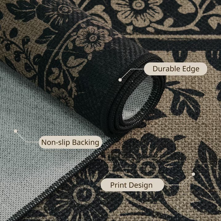 MatEssenz Washable Runner Rug 2'x4', Non-Slip Low-Pile Kitchen Entryway Rug, Absorbent Pet-Friendly Vintage Floral, Black/Tan