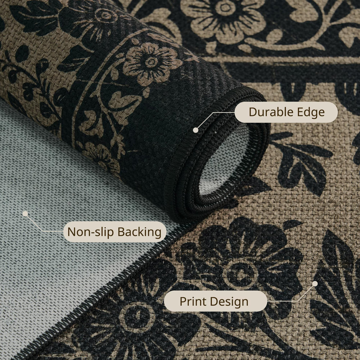 MatEssenz Washable Area Rug 2'x3', Non-Slip Low-Pile Entryway Kitchen Rug, Absorbent Pet-Friendly Vintage Floral, Black/Tan