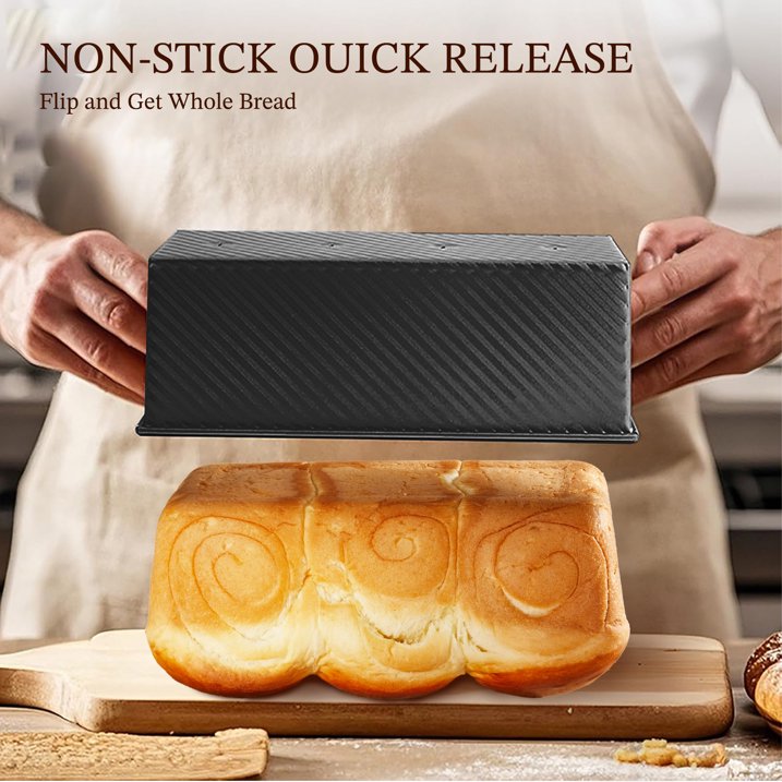 KITESSENSU Bread Pan for Baking, Pullman Loaf Pan with Lid, Non-Stick Bread Loaf Pan Heavy Duty, Carbon Steel Bread Baking Pan, Black