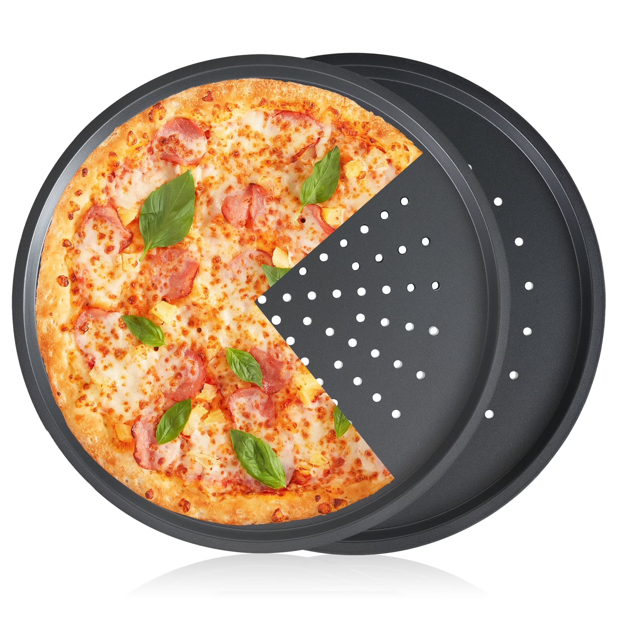 HONGBAKE 14 Inch Pizza Pan for Baking, 2 Pack Non-Stick Non-Stick Pizza Tray for Oven, Carbon Steel Perforated Crispy Pizza pan with Holes, Round Baking Pan for Frozen & Homemade Pizza, Grey