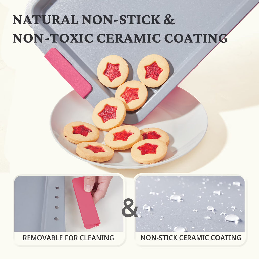 HONGBAKE Non Toxic Ceramic Cookie Sheets for Baking, 3-piece Non Stick Baking Sheet Pans for Oven, Heavy Duty Aluminized Steel Baking Pans Set with Silicone Handles -Rose Red