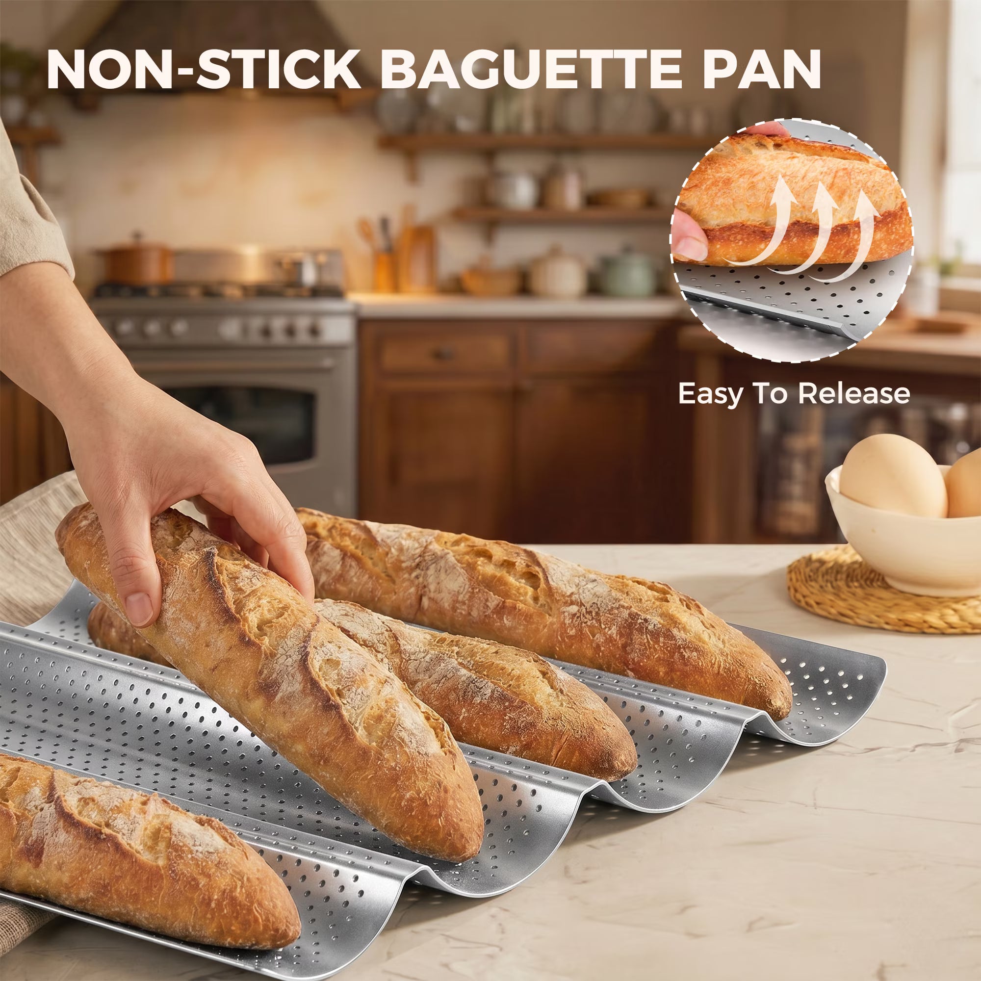 KITESSENSU Nonstick Baguette Pans for Baking, Perforated 4 Loaves French Bread Pan, Heavy Duty Baguette Baking Pans, Non Toxic Stainless Steel Baguette Tray for Oven, 15" x 13", Silver