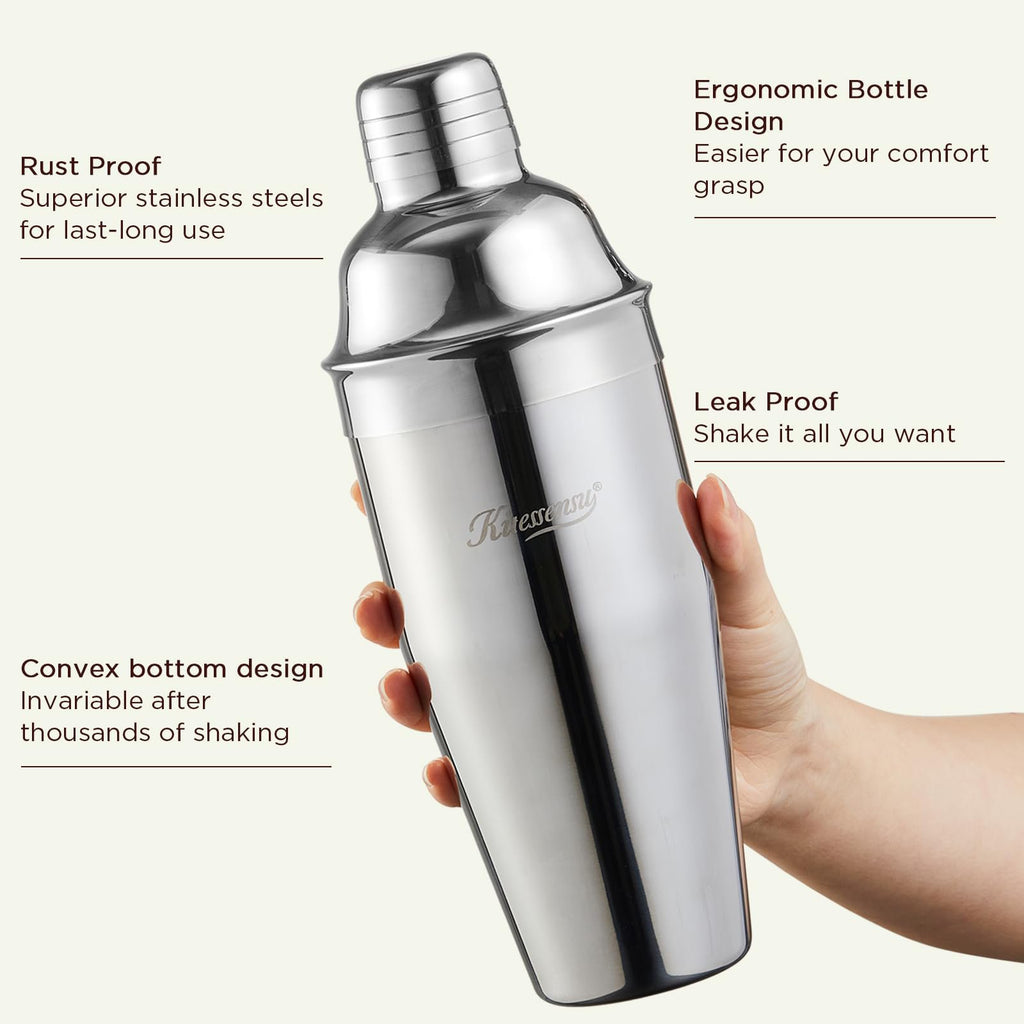 KITESSENSU Cocktail Shaker, Drink Shaker with Bartender Strainer, Measuring Jigger, Bar Mixing Spoon, Professional Drink Mixer Set for Beginners, Silver