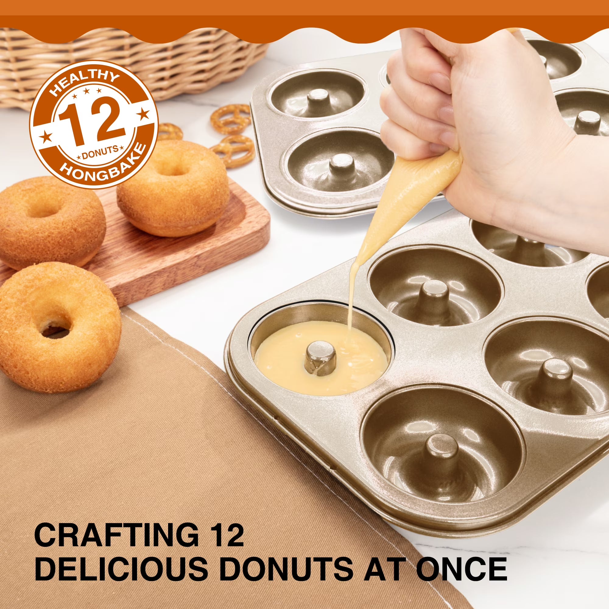HONGBAKE Nonstick Donut Pans For Baked Doughnuts, 2-Pack 6 Cavity Upgraded Deepened Doughnut Pan, Heavy Duty Mini Bagel Pan for Oven - Bronze Gold