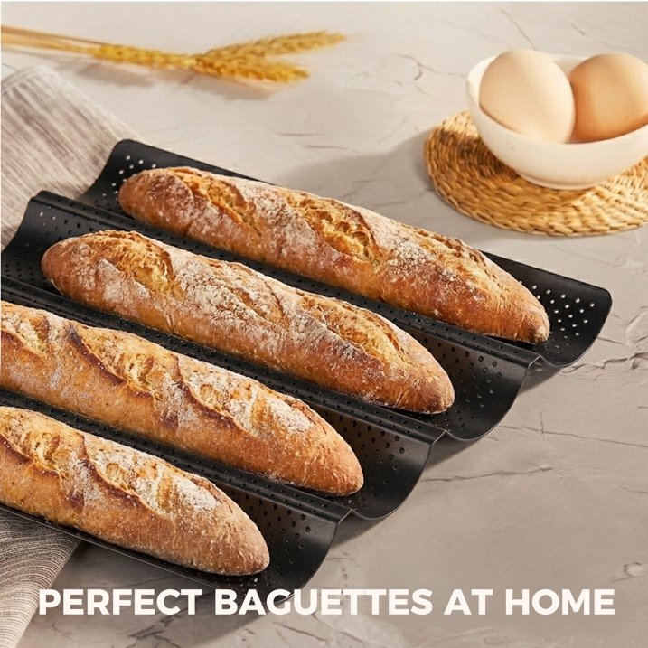 KITESSENSU Nonstick Baguette Pans for Baking, Perforated 4 Loaves French Bread Pan, Heavy Duty Baguette Baking Pans, Non Toxic Stainless Steel Baguette Tray for Oven, 15" x 13", Black