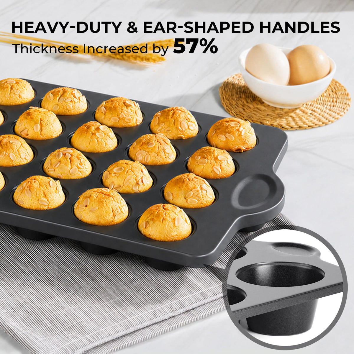 HONGBAKE Mini 24 Ceramic Muffin Pan Set, Nonstick Cupcake Pans with Ear Shaped Wider Grips, Non-toxic, Heavy-duty Small Cheesecake Tray, Gray