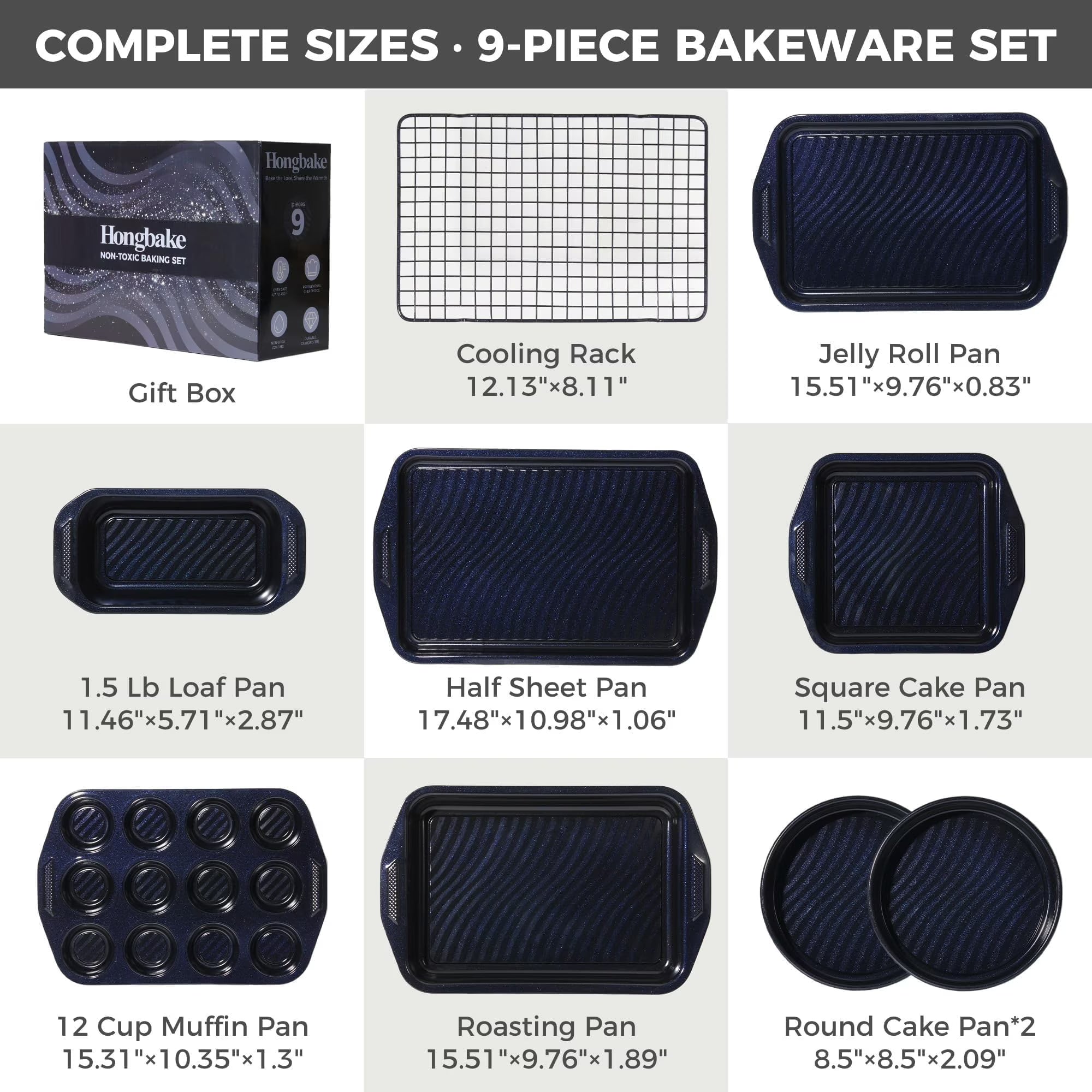HONGBAKE 9-Piece Non Stick Bakeware Sets with Wave Texture for Reduced Grease, 0.8mm Thick Non Toxic Baking Pans Set, Includes Stackable Cookie Sheets for Oven Cooking, Shimmer Blue
