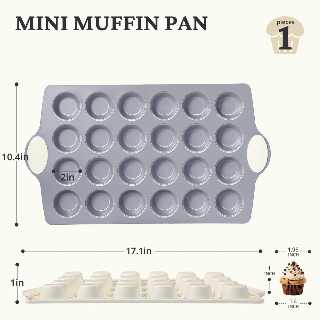 HONGBAKE Ceramic Mini Muffin Pan, 24-Cup Nonstick Aluminized Steel Cupcake Pans, Healthy Non-Toxic Ceramic Coating Mini Muffin Tin, 1Pack Cup Cake Pans for Baking Cream