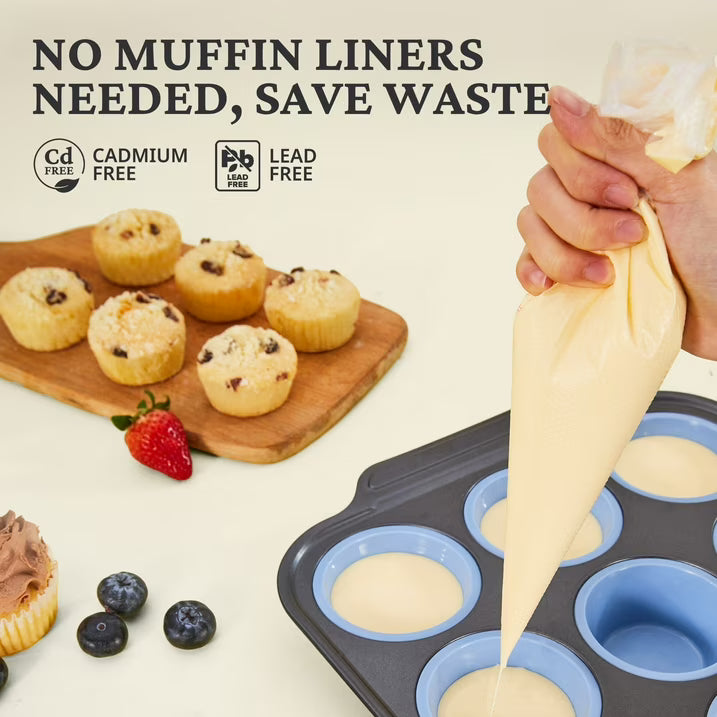 HONGBAKE Silicone Muffin Pan with Metal Frame, 12 Cup Muffin Tin for Cupcakes & Egg Bites, Nonstick Non-Toxic Bakeware, Blue