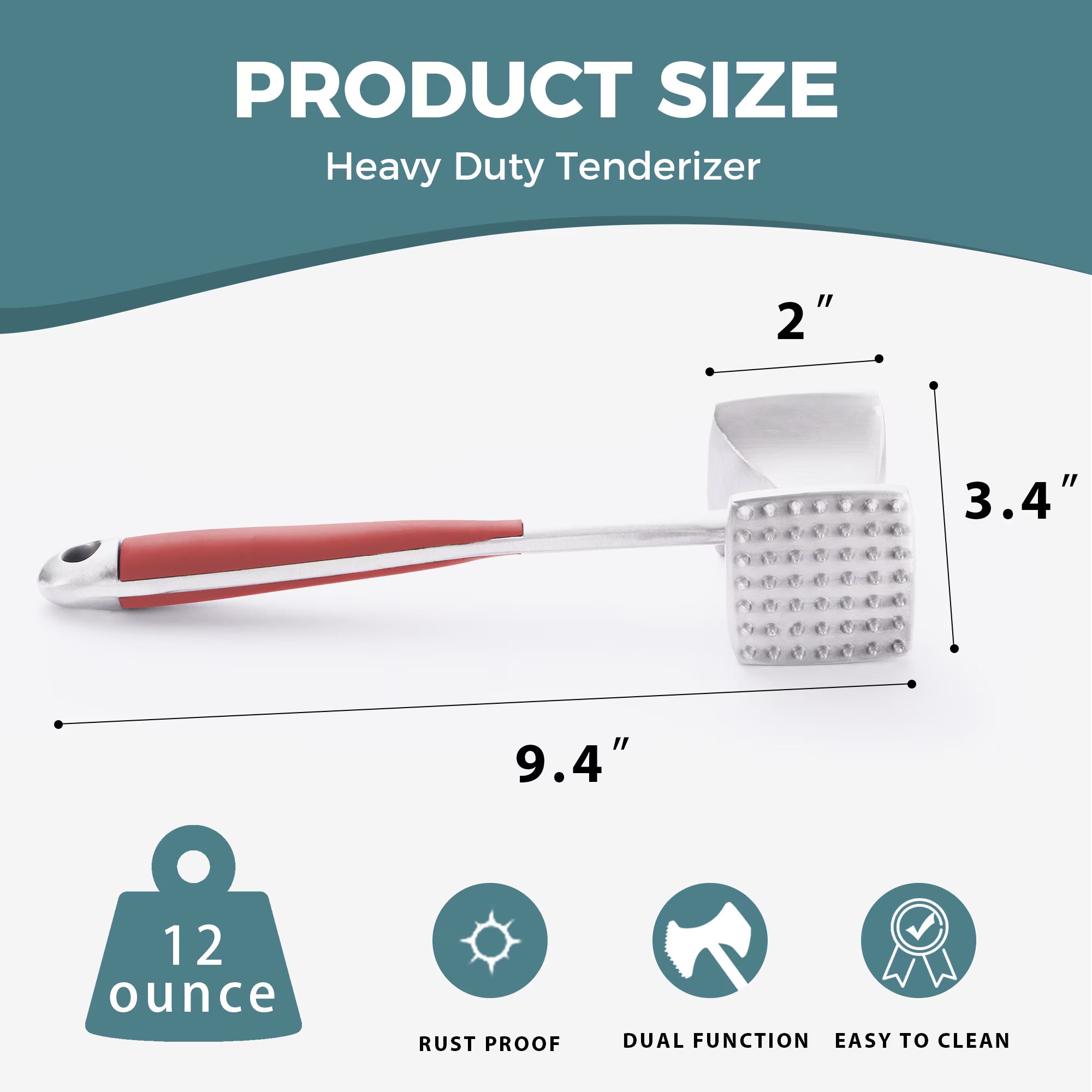 KITEXPERT Meat Tenderizer Hammer with Comfortable-Grip Handle, Dual-side Mallet for Kitchen, Heavy Duty Pounder For Tenderizing Steak, Beef and Fish, Red