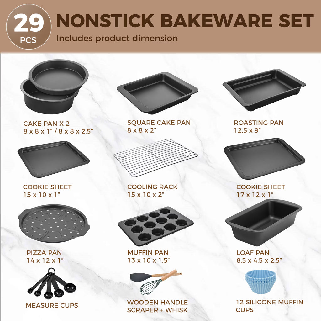 HONGBAKE 29-Pcs Nonstick Carbon Steel Bakeware Set, Baking Pan Set with Baking Sheets, Cake Pans, Loaf Pan & Muffin Pan, Grey
