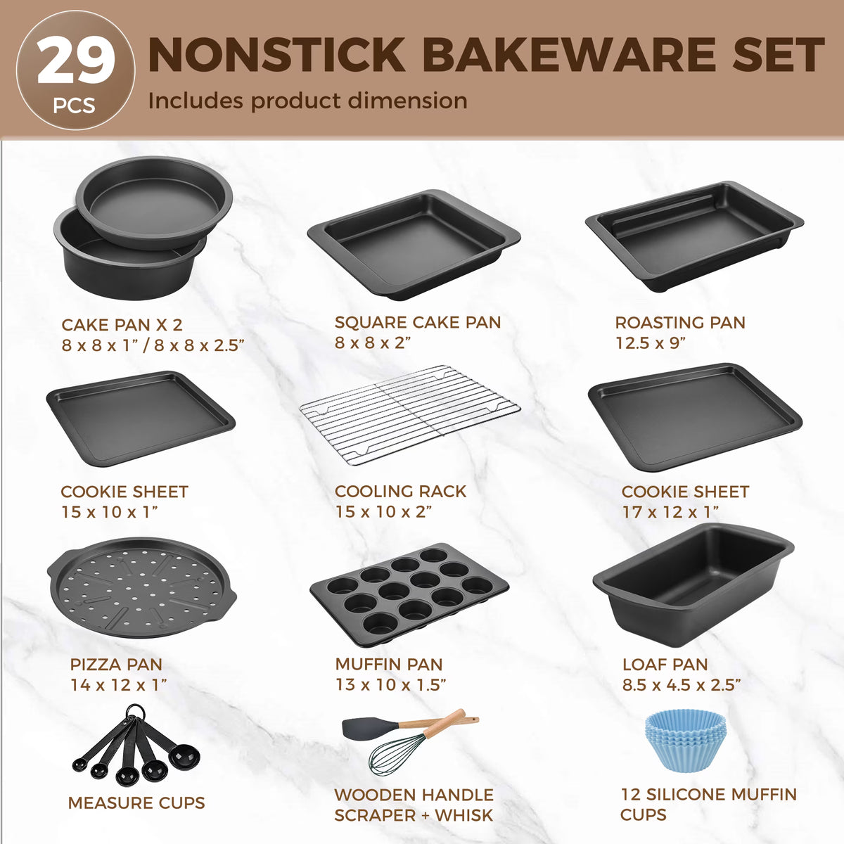 HONGBAKE 29-Pcs Nonstick Carbon Steel Bakeware Set, Baking Pan Set with Baking Sheets, Cake Pans, Loaf Pan & Muffin Pan, Grey