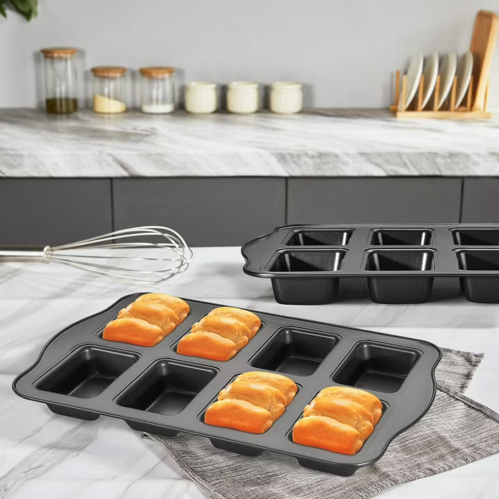 HONGBAKE Mini Loaf Pans 8-Cavity, 2 Pack Nonstick Mini Bread Pans, Small Banana Loaf Pans Set, Heavy Duty Cornbread Pan, Dark Grey