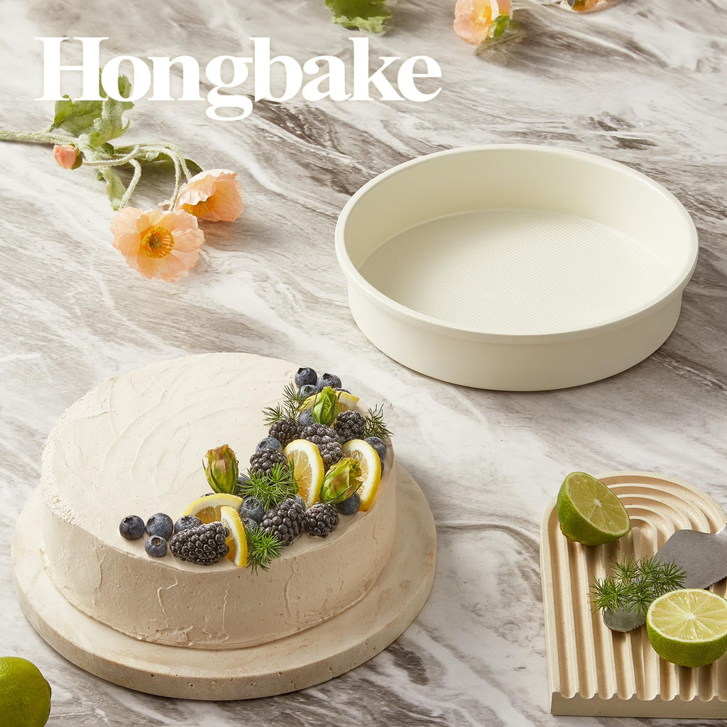 HONGBAKE 9 Inch Round Cake Pan Set of 2, Nonstick Ceramic Coating Cake Molds with Diamond Texture, Aluminized Steel Cake Pans Sets for Baking & Cheesecake, Heavy Duty & Non-Toxic (Cream, 2PCS)
