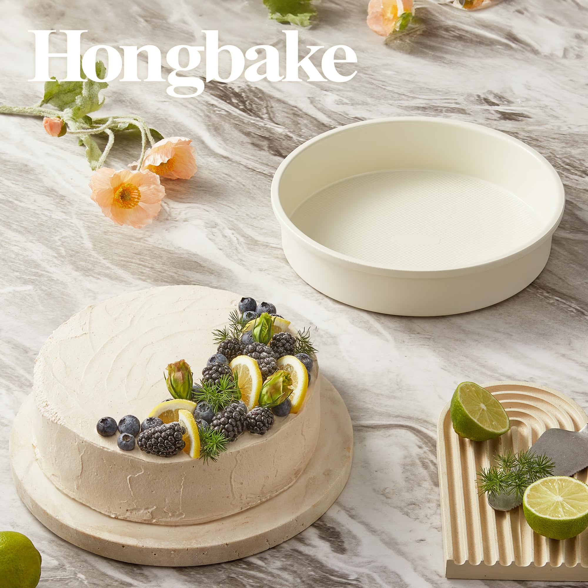 HONGBAKE 9 Inch Round Cake Pan Set of 2, Nonstick Ceramic Coating Cake Molds with Diamond Texture, Aluminized Steel Cake Pans Sets for Baking & Cheesecake, Heavy Duty & Non-Toxic (Cream, 2PCS)