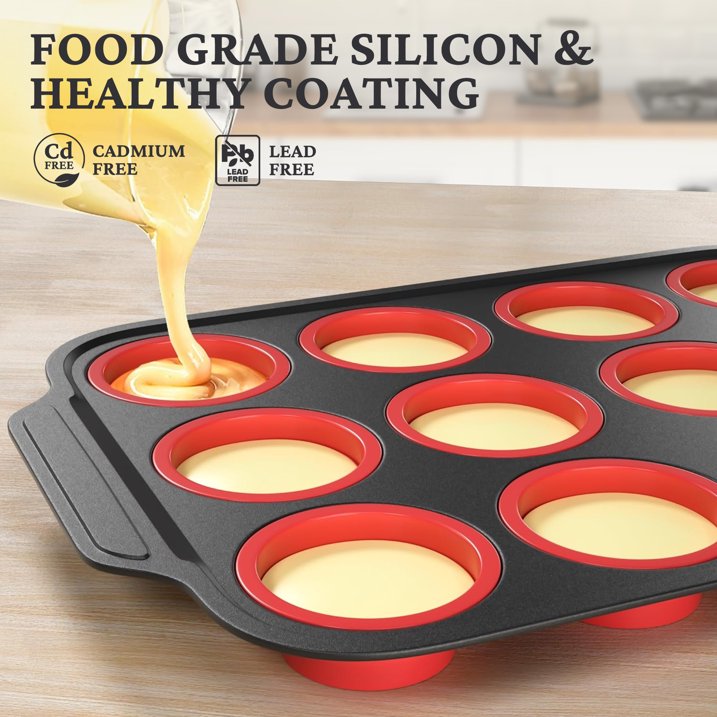 HONGBAKE Silicone Muffin Pan with Metal Frame, Silicone Cupcake Molds 12 Regular Size, Muffin Tin Easy to Pop, Nonstick Egg Bite Molds for Baking, Non Toxic Muffin Tray, Red