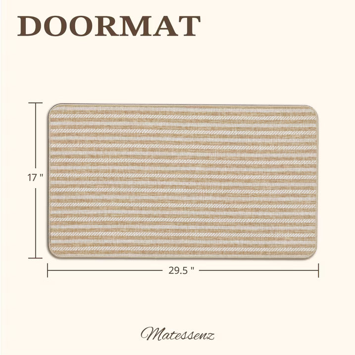 MatEssenz Washable Indoor Doormat 17"x29.5", Low Profile Entryway Rug with Non-Slip Rubber Backing, Striped Woven Faux Linen Front Door Mat, Pet Friendly Dirt Trapper, Khaki