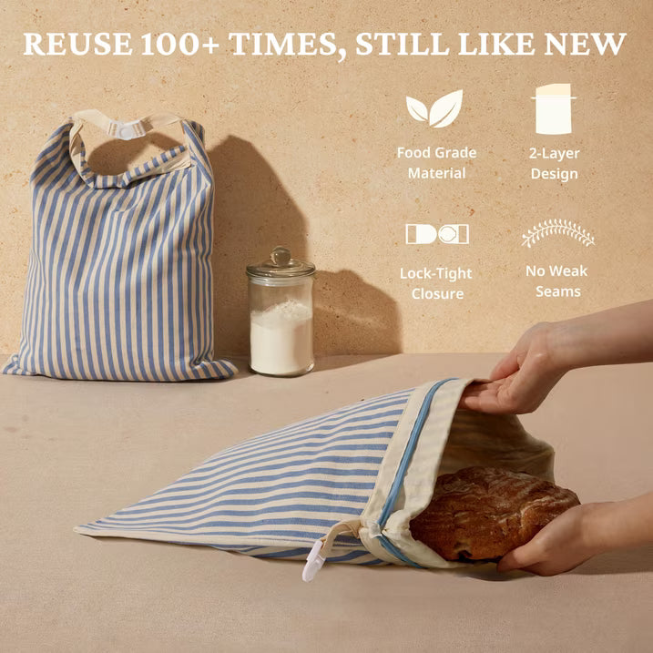 Reusable Beeswax Wrap for Food, 2-Pack Bread Bags with Zipper for Homemade Bread & Sourdough, Large 17x12.6in Wax Wraps, Sustainable Sourdough Loaf Storage to Lock in Freshness, Blue