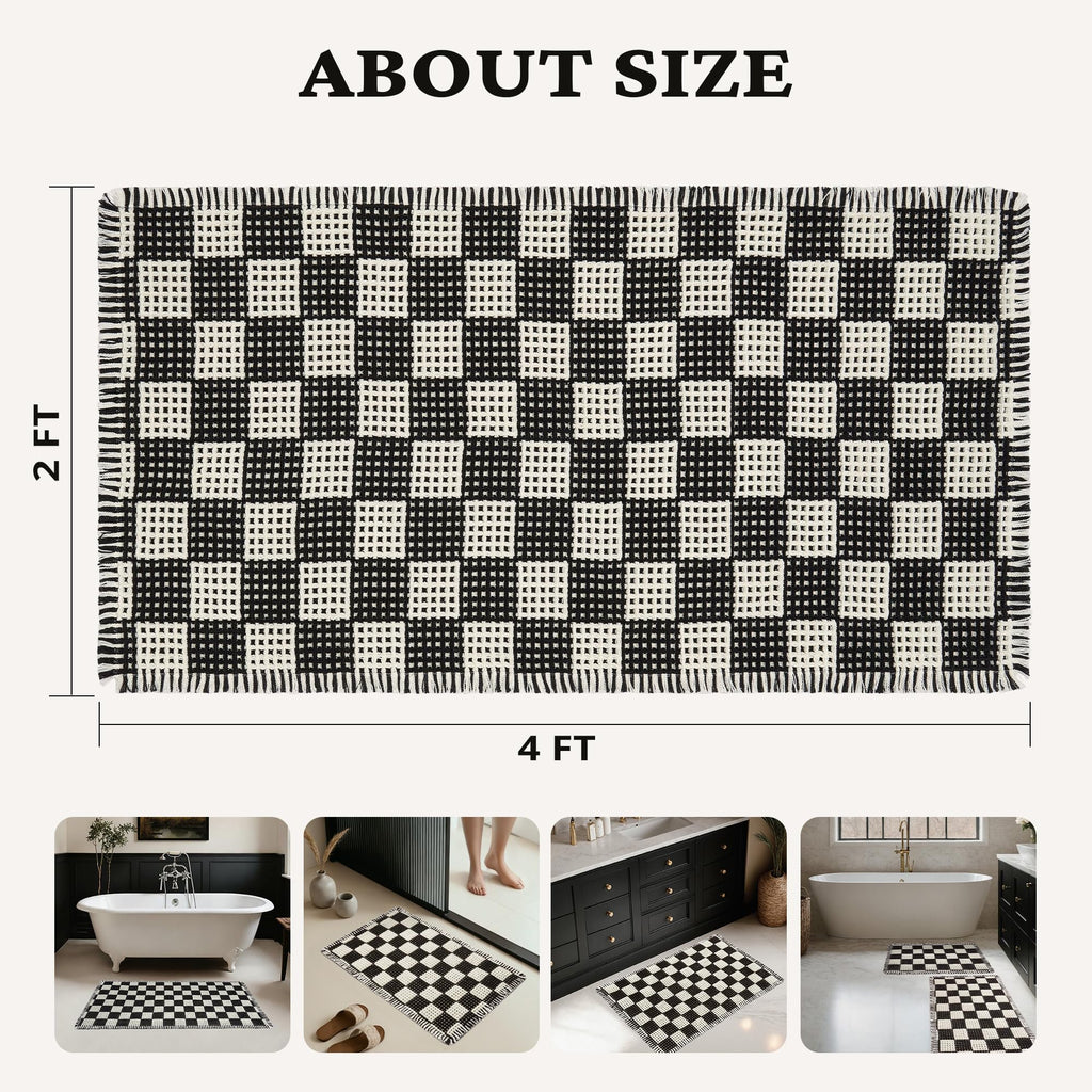 Waffle Bath Mat 24" x 48" Modern Non Slip Quick Drying Shower Mats for Outside Shower Machine Washable Soft and Comfortable Large Bathroom Rugs for Bathroom,Black and White Grid
